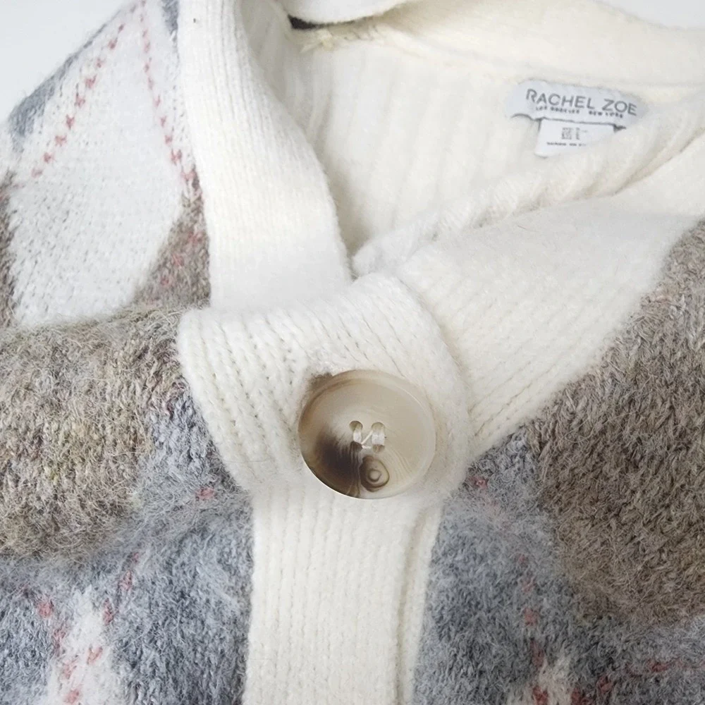 Rachel Zoe Sweater Women's S Ivory Academia Argyle Preppy Ribbed Knit Cardigan